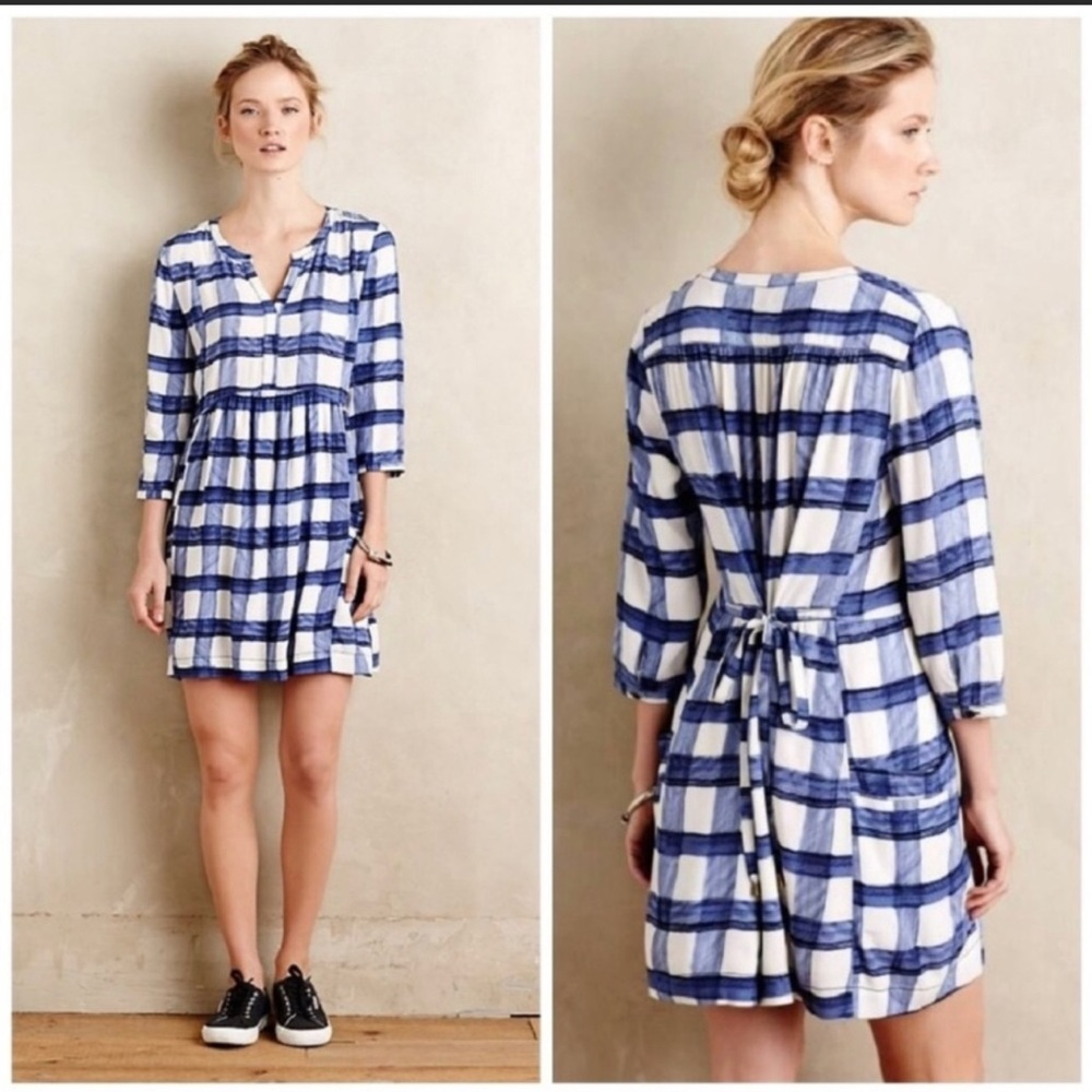 Anthropologie Maeve Devery blue plaid tunic dress